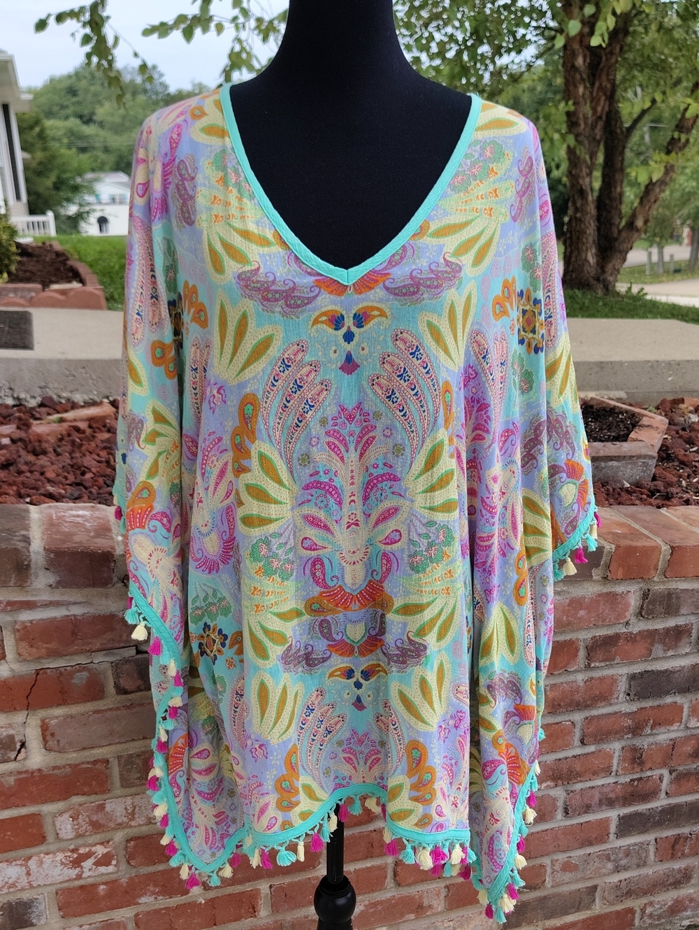 Matilda Jane 100% Cotton Floral Fringe Oversized Poncho Cover Up Size L Beachy